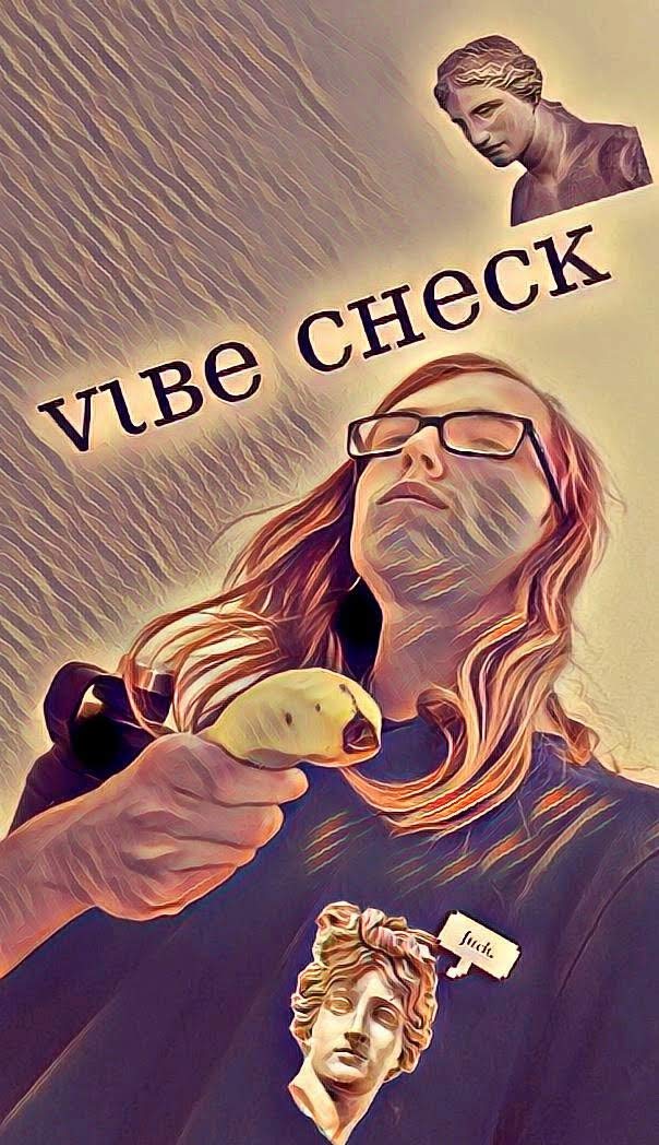 Lens holds a banana as a stick, vaporwave a e s t h e t i c floating around, 'vibe check' text on image